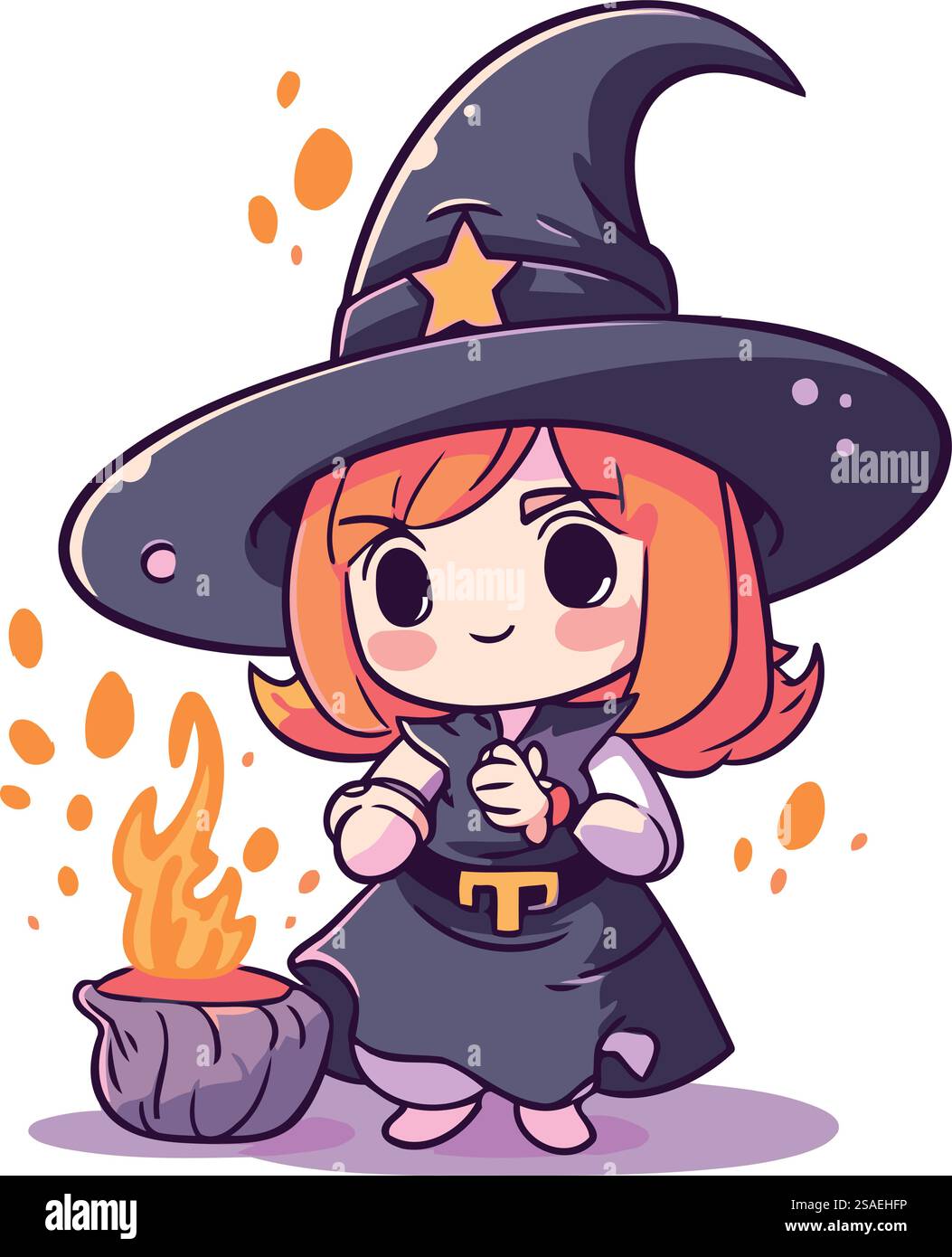 Cute little girl dressed as a witch with a magic wand. Vector ...