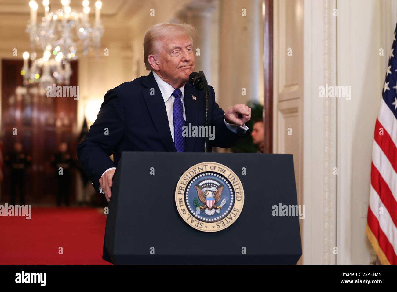 United States President Donald Trump speaks during an event in the East ...