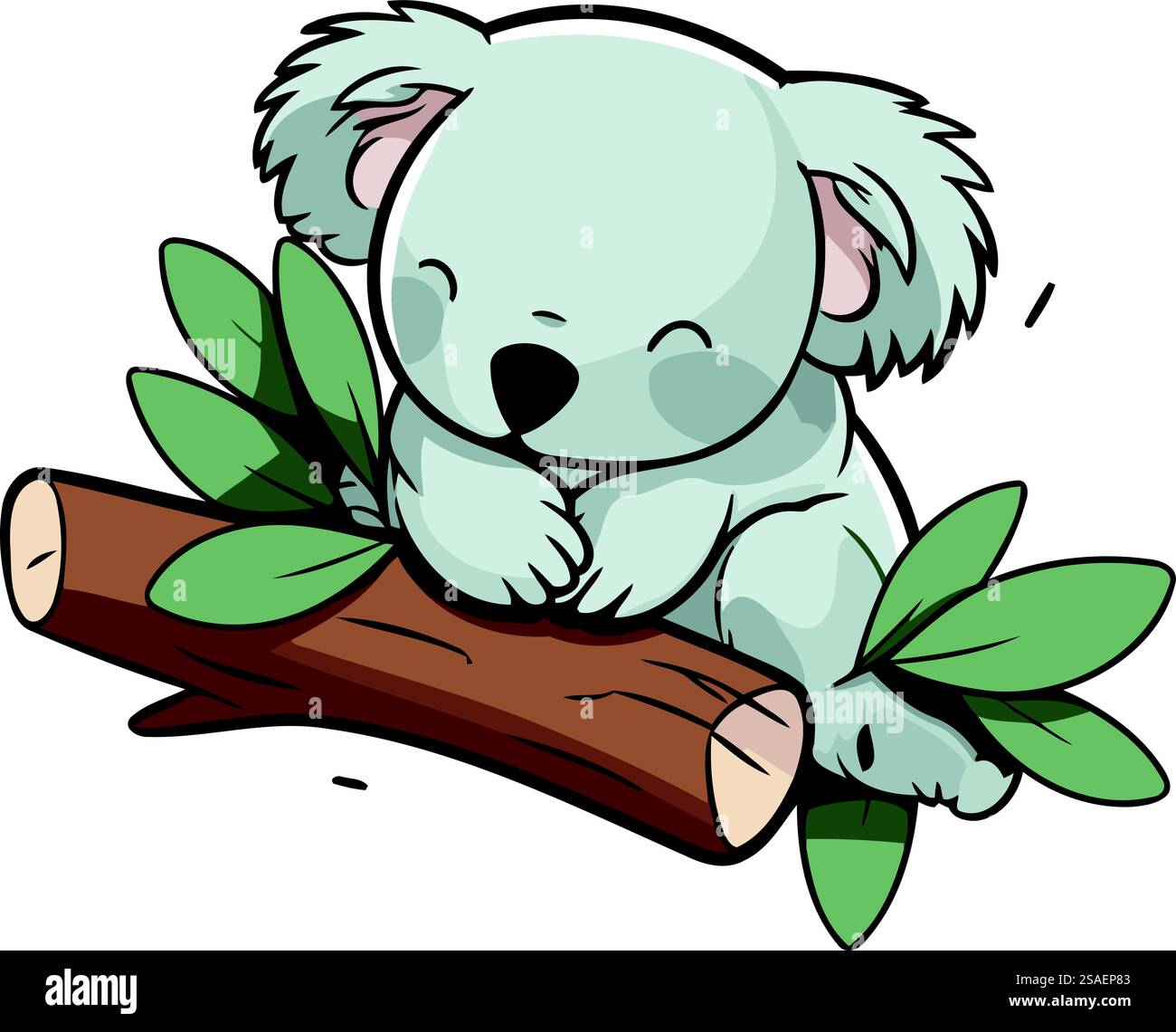 Cute koala sitting on a log with leaves. Vector illustration Stock ...