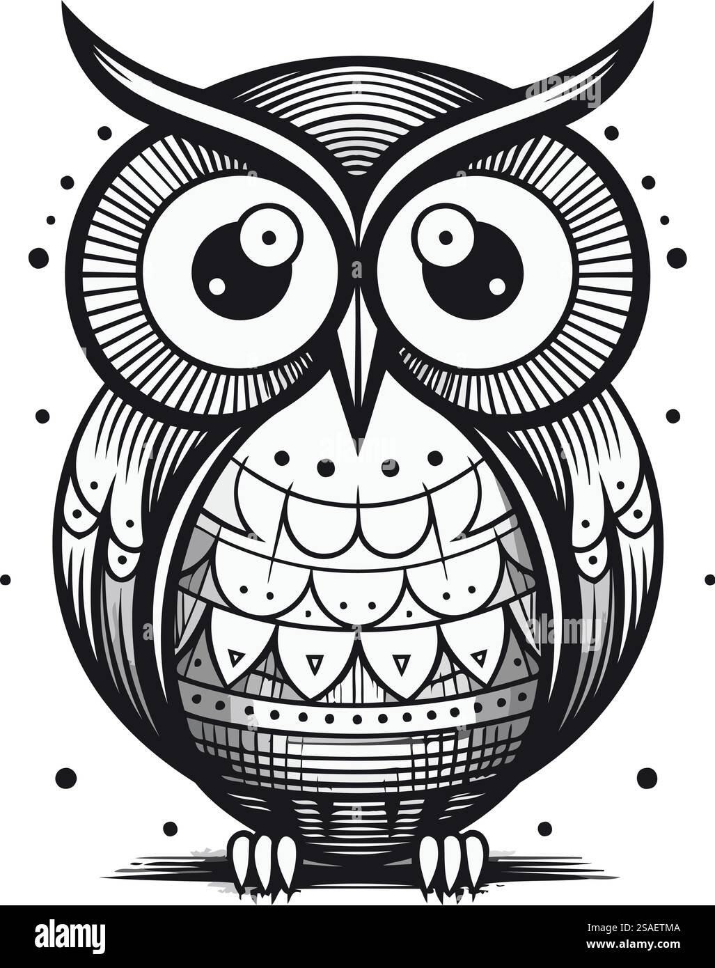 Owl. Black and white vector illustration. Isolated on white background ...