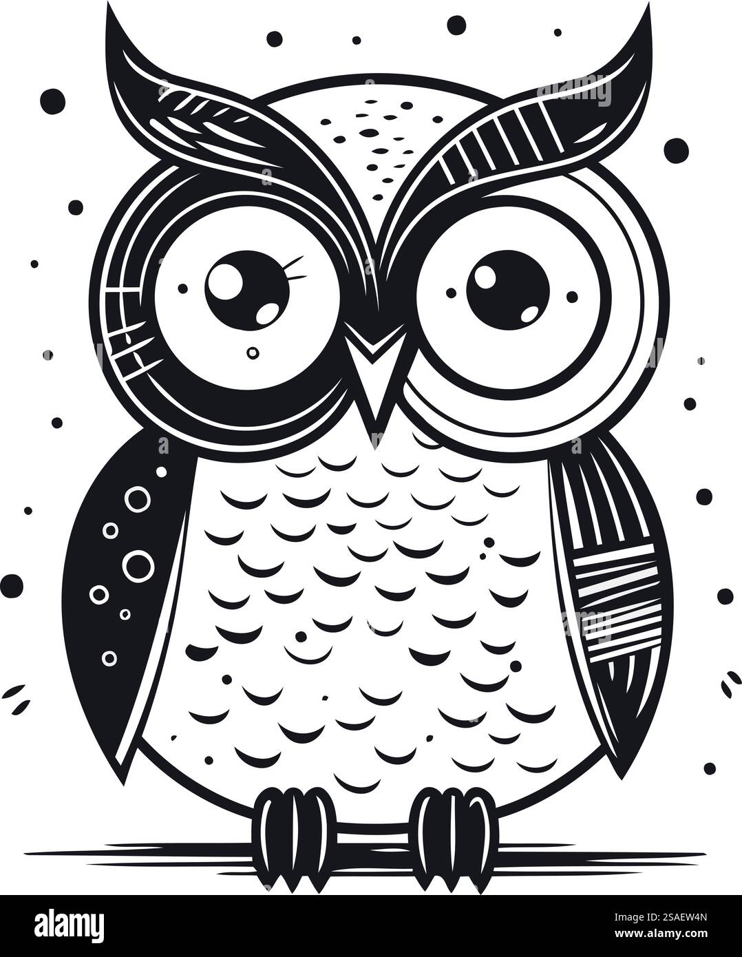 Owl. Black and white vector illustration. Isolated on white background ...