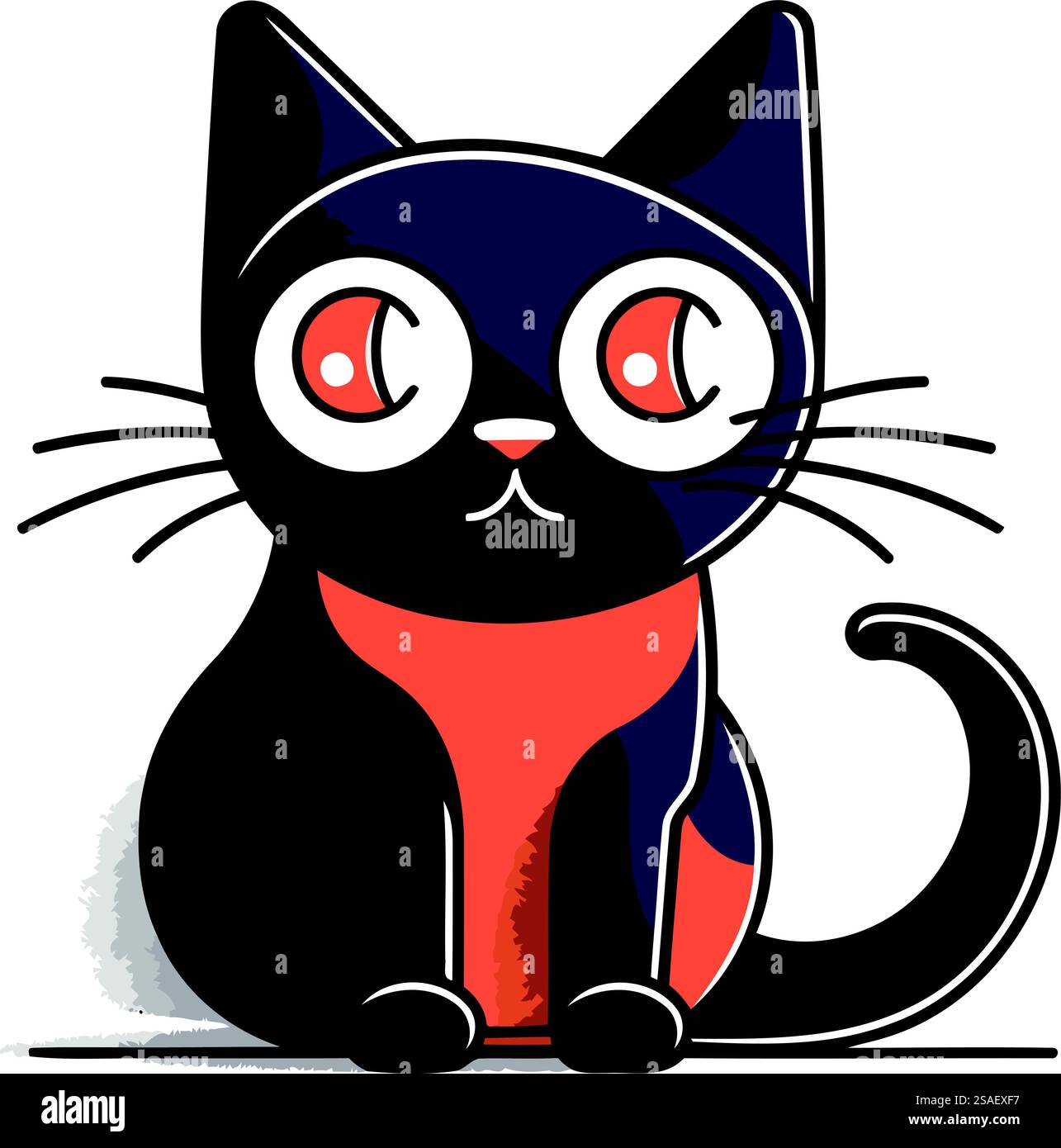 Cute cartoon black cat with big eyes sitting. Vector illustration Stock ...
