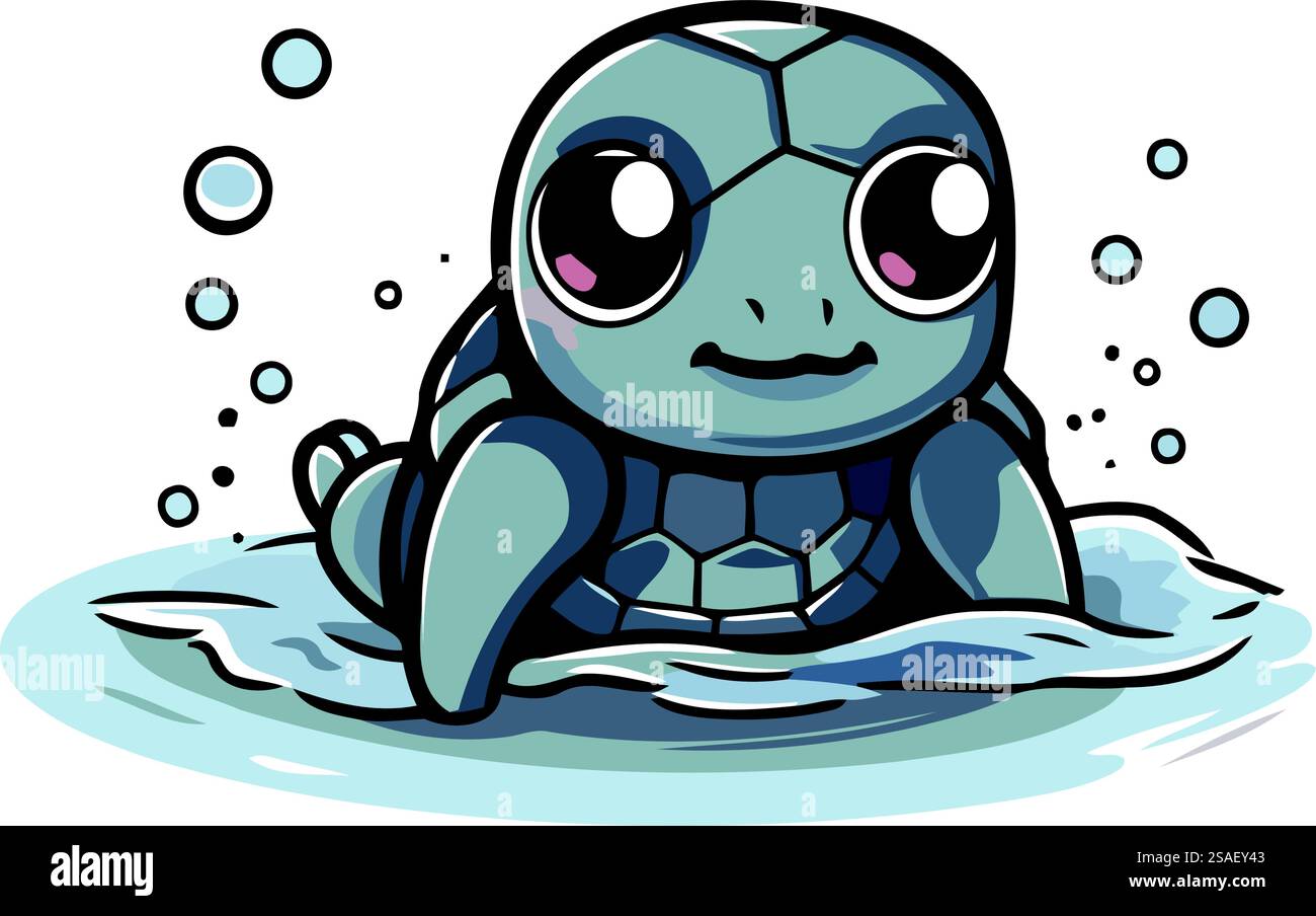 Cute cartoon sea turtle swimming in the water. Vector illustration. Stock Vector