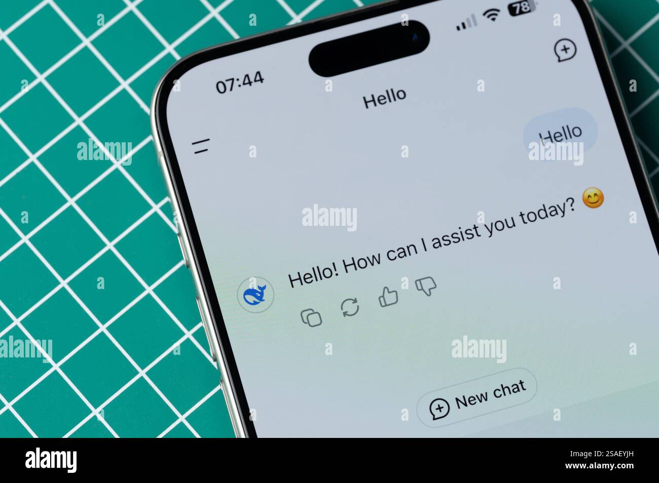 New York, USA - January 28, 2025: Chatting with DeepSeek AI Assistant  on smartphone screen close up view Stock Photo