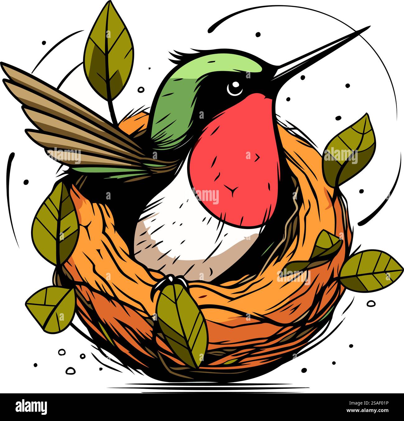 Vector illustration of a bird sitting in a nest with leaves on a white ...