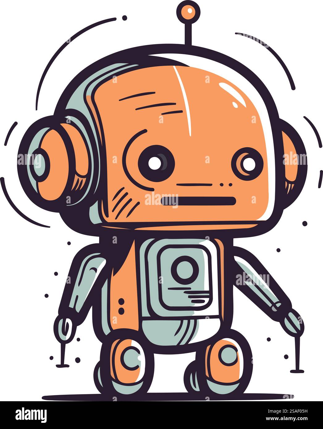 Cute robot with headphones. Vector illustration in doodle style. Stock Vector