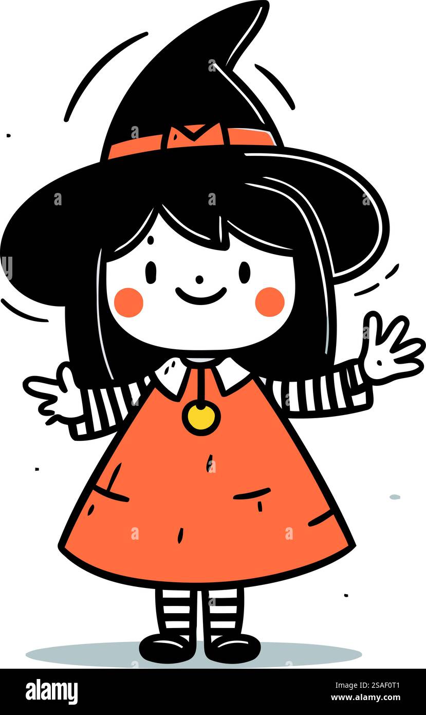 Cute little girl dressed as a witch. Halloween vector illustration ...