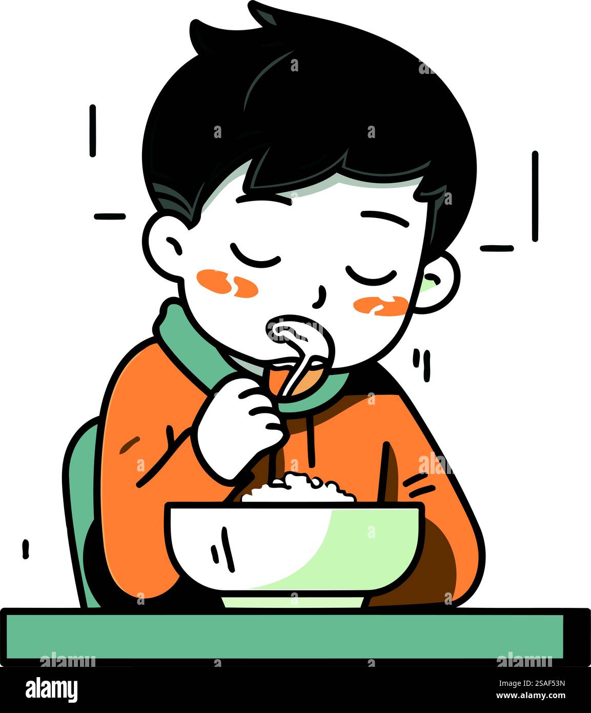 Illustration of a Boy Eating a Bowl of Rice in a Cafe Stock Vector ...