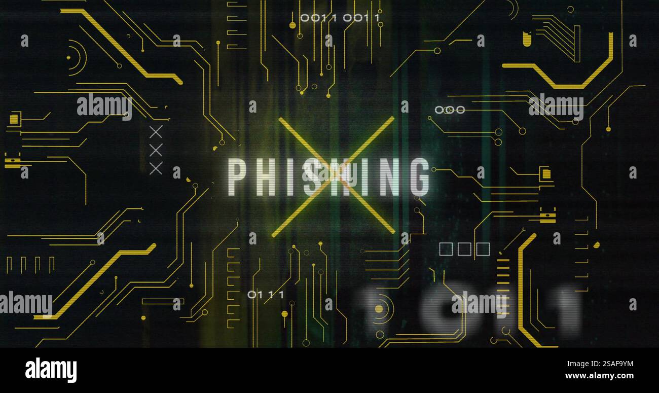 Image of phishing text over data processing and server room Stock Photo