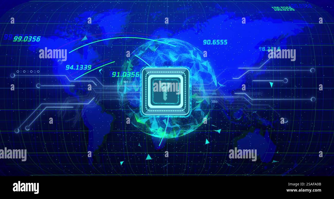 Image of padlock icon and data processing over globe Stock Photo