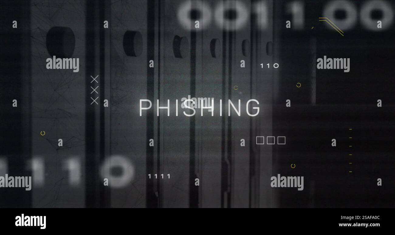 Image of phishing text over data processing and server room Stock Photo