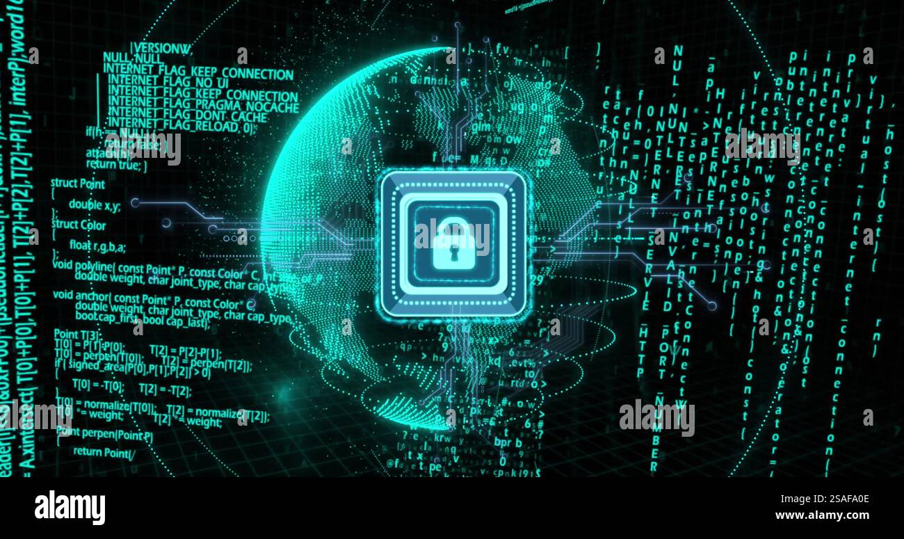Image of padlock icon and data processing over globe Stock Photo
