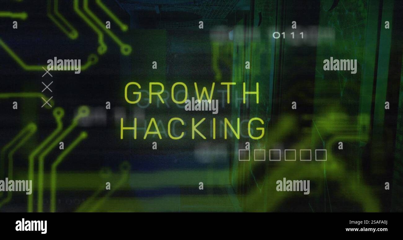 Image of growth hacking text over data processing and server room Stock Photo