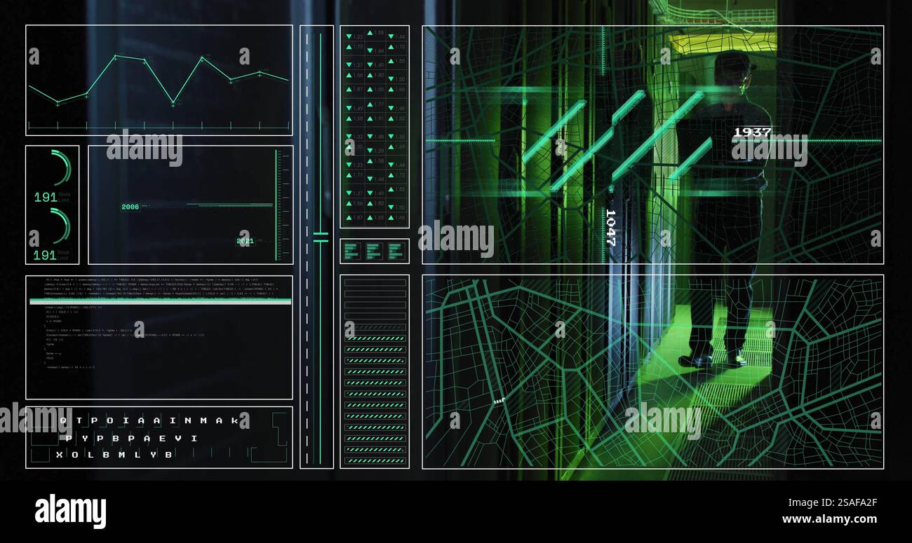 Image of data processing over asian male worker in server room Stock Photo