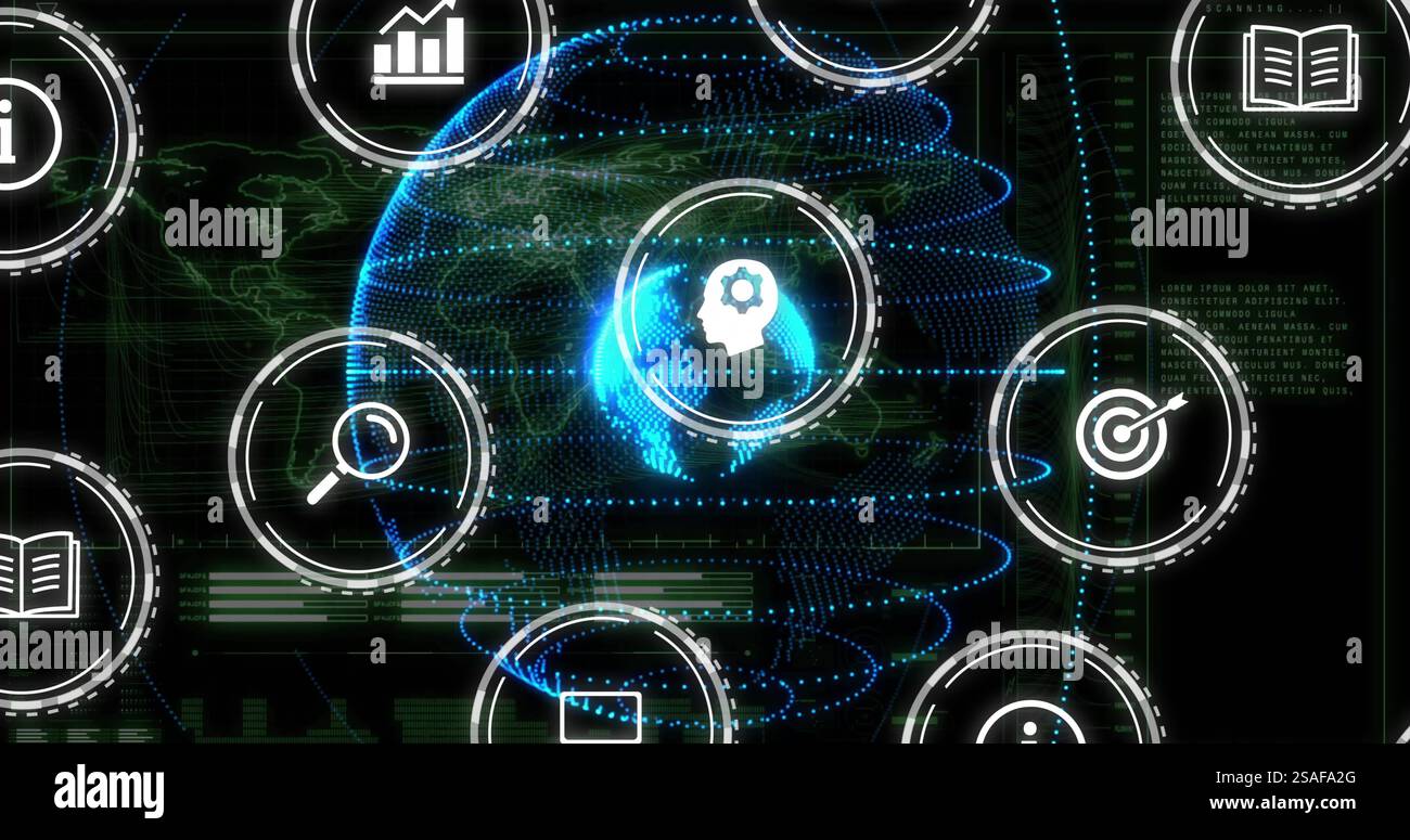 Image of digital icons and data processing over globe Stock Photo