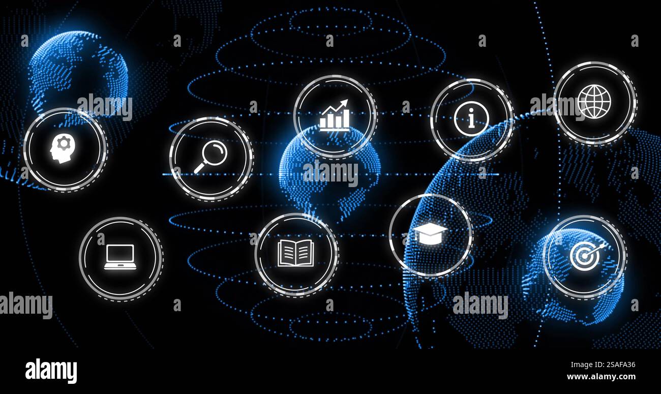 Image of digital icons and data processing over globes Stock Photo