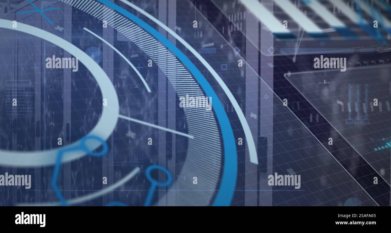 Image of data processing with scope scanning over server room. Global ...
