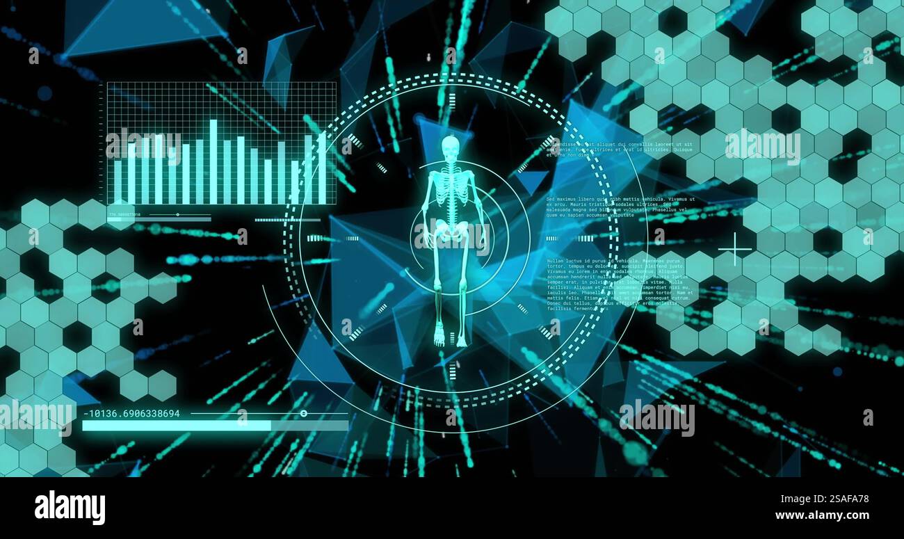 Image of diagrams and data processing over walking skeleton Stock Photo