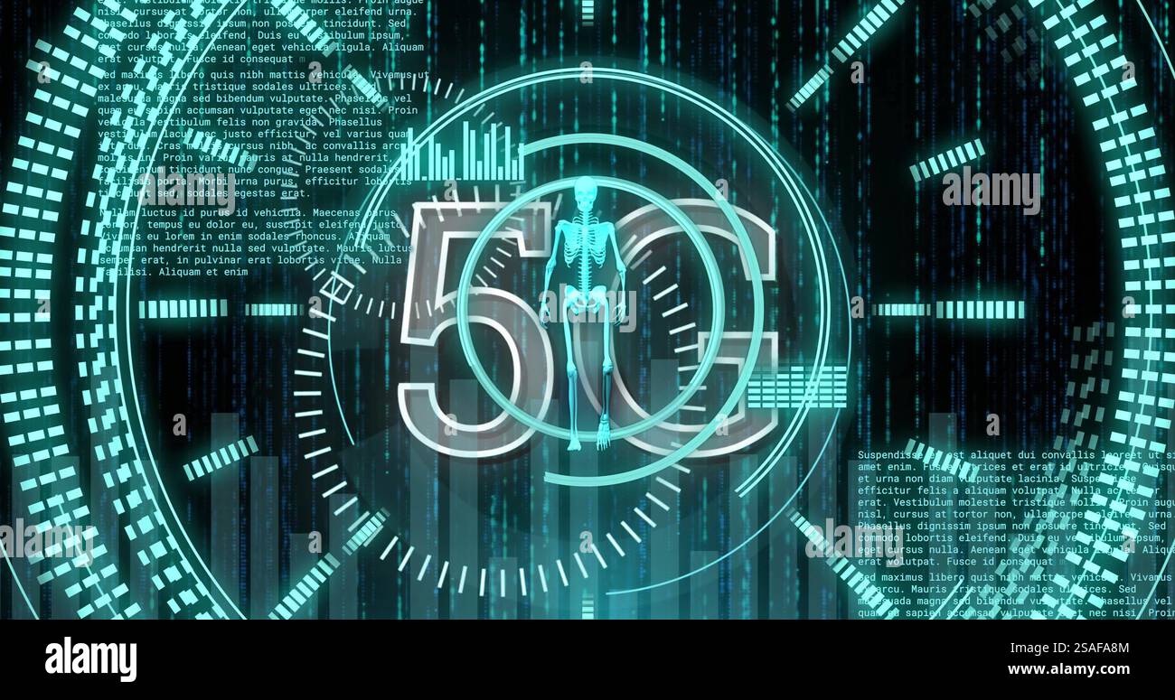 Image of 5g text and data processing over walking skeleton Stock Photo