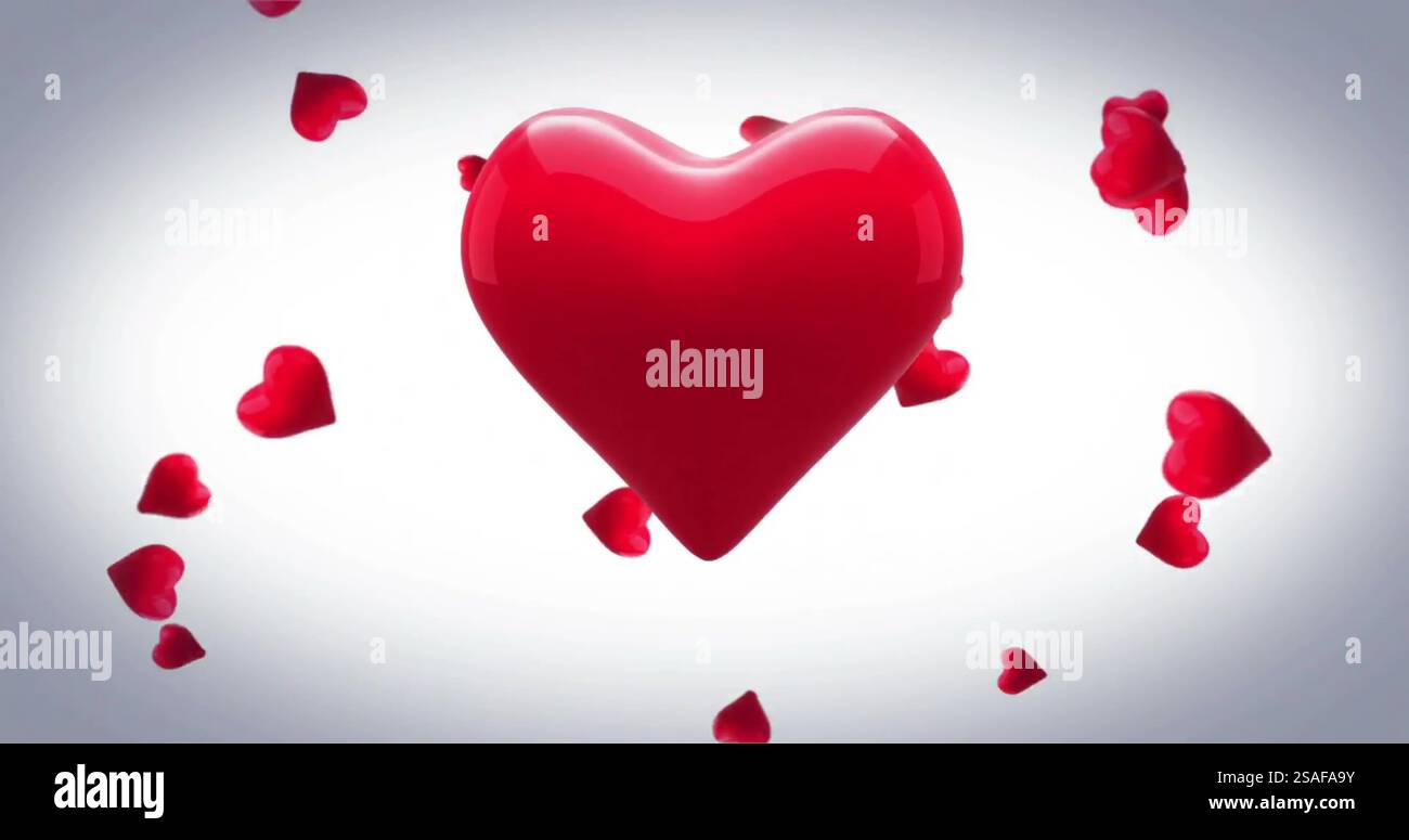Image of beating red heart over falling red hearts on white background Stock Photo