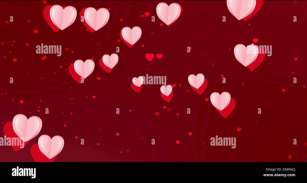 Image of red and pink hearts advancing over red hearts on dark red background Stock Photo