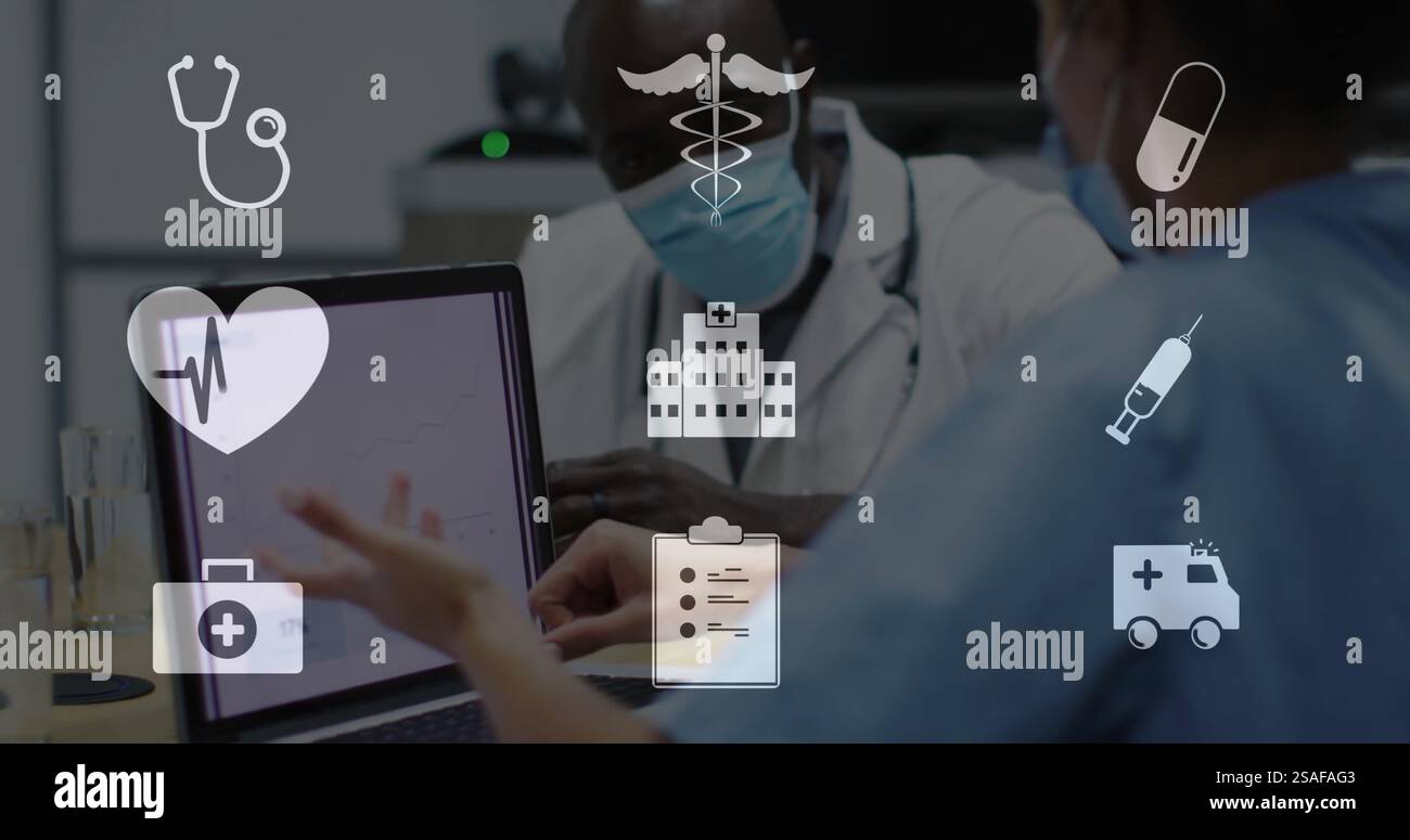 Image of medical icons over diverse female and male doctor with laptop ...