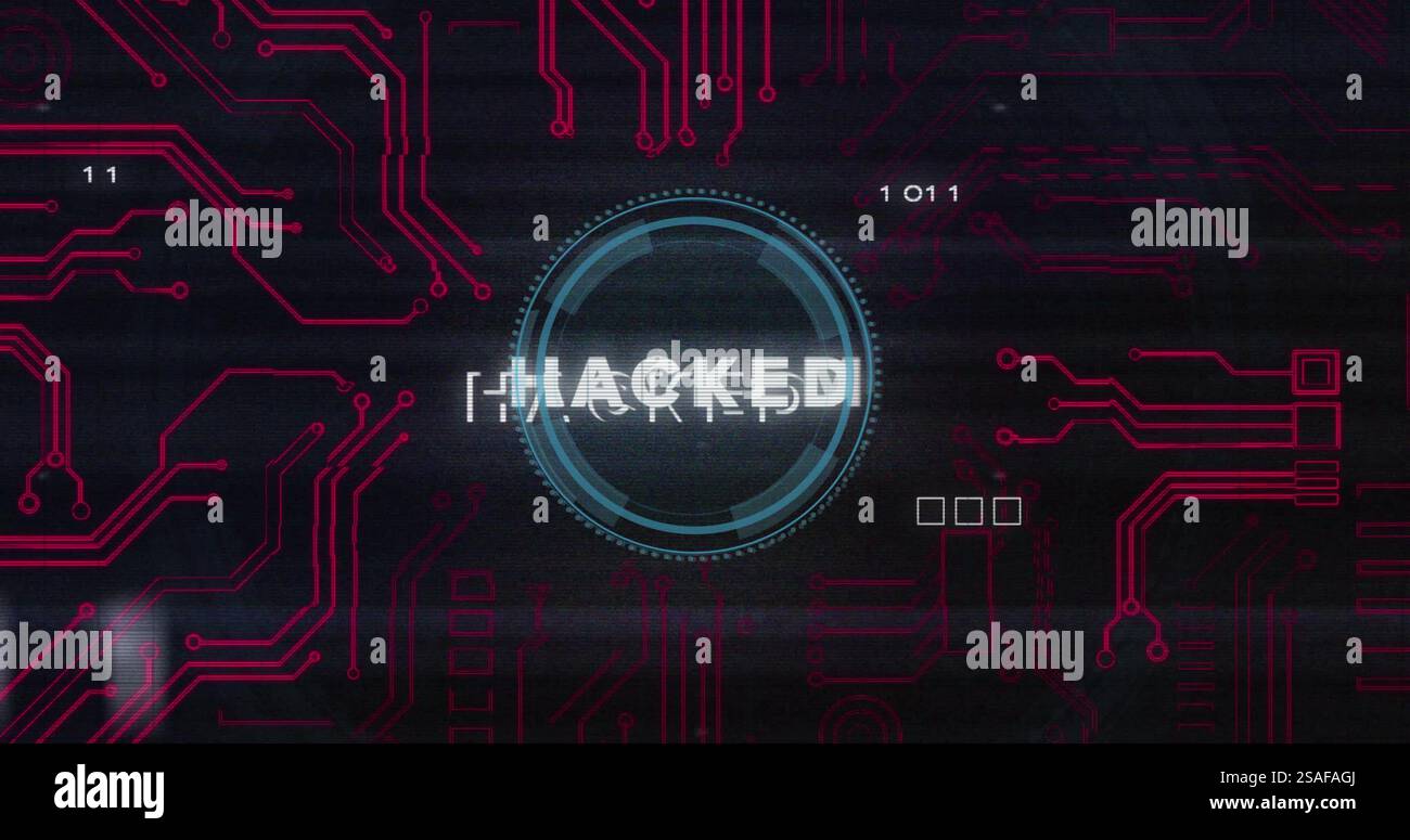 Image of hacked text and digital data processing over black background Stock Photo