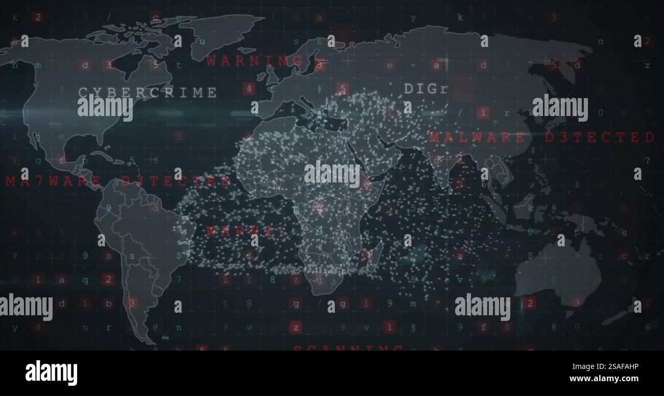 Image of digital data processing and world map over dark background ...