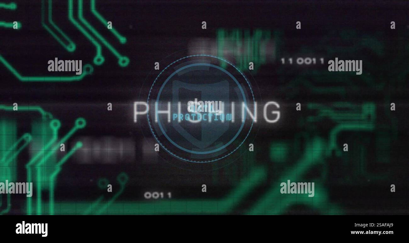 Image of phishing text and digital data processing over black background Stock Photo