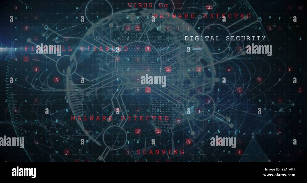 Image of text, digital data processing and globe over dark background Stock Photo