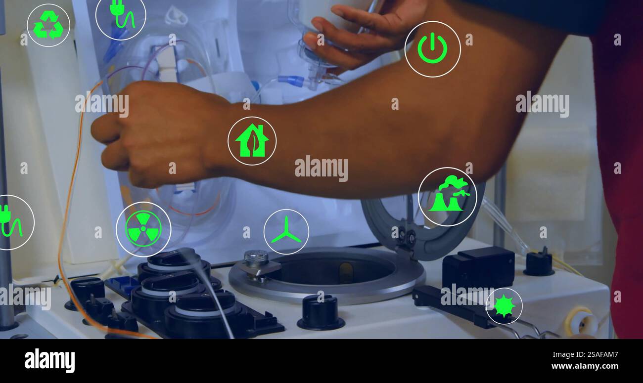 Image of eco icons and data processing over engineer with water filter ...