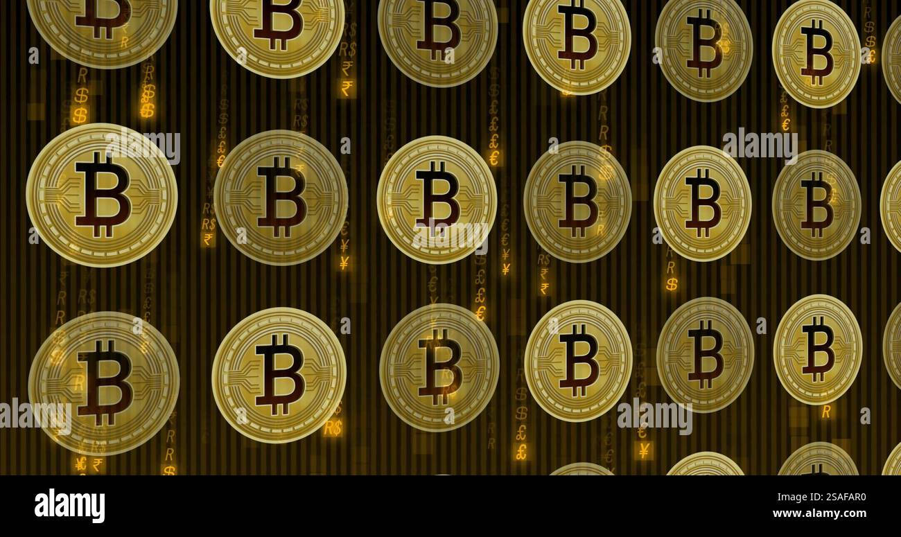 Image of floating bitcoins over binary coding Stock Photo