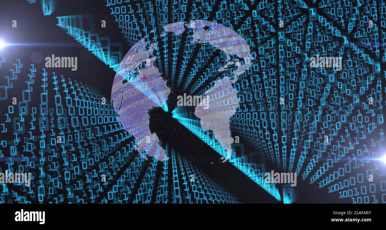 Image of spinning globe and travel icons over binary coding Stock Photo