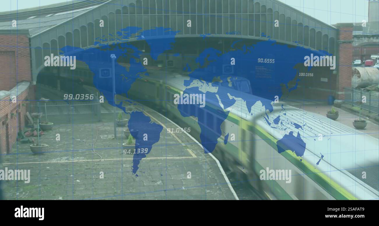 Image of world map and data processing over train station Stock Photo ...