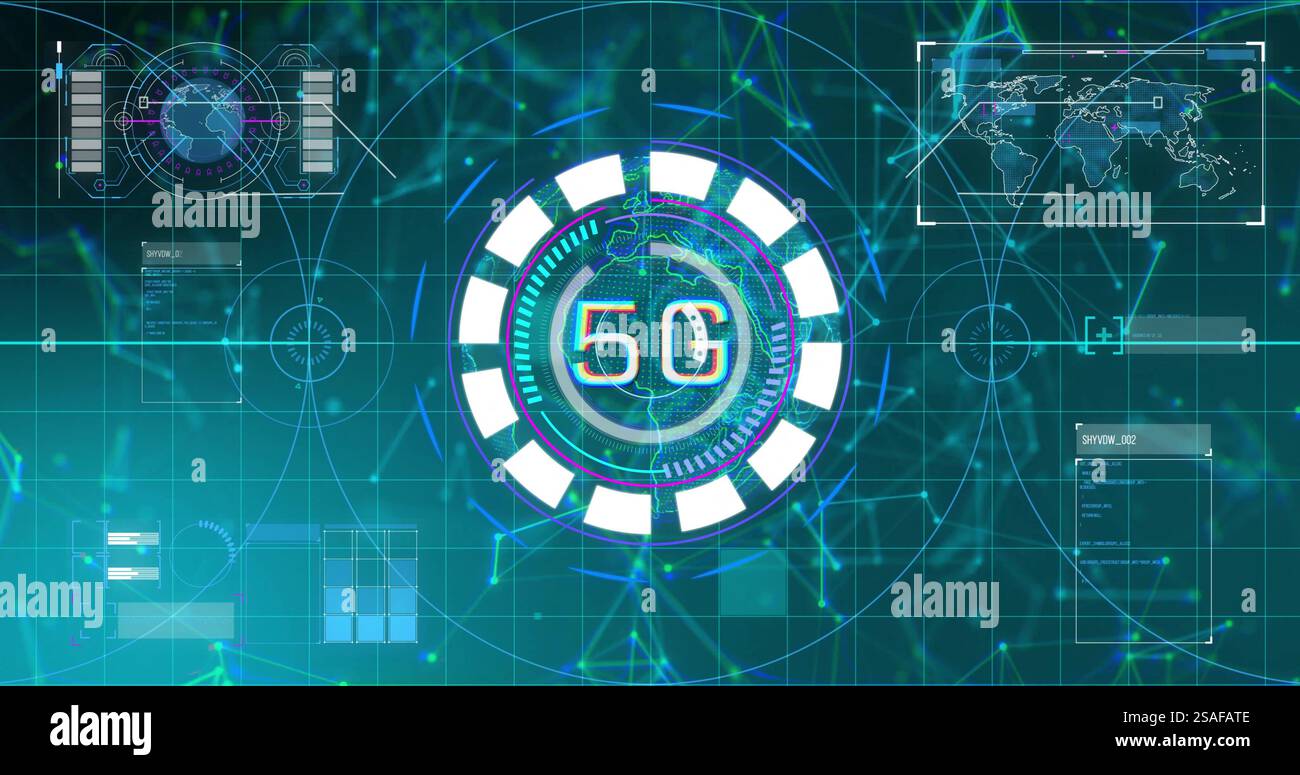 Image of 5g text and digital data processing and connections over globe Stock Photo