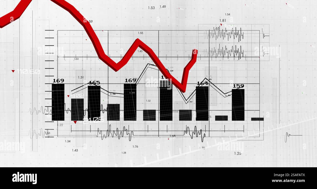 Image of red line and financial data processing over statistics Stock Photo