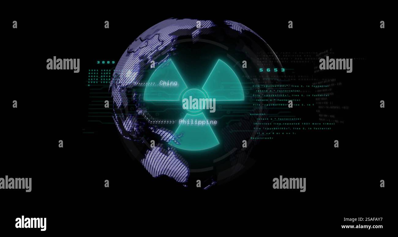 Image of nuclear symbol and globe over data processing Stock Photo
