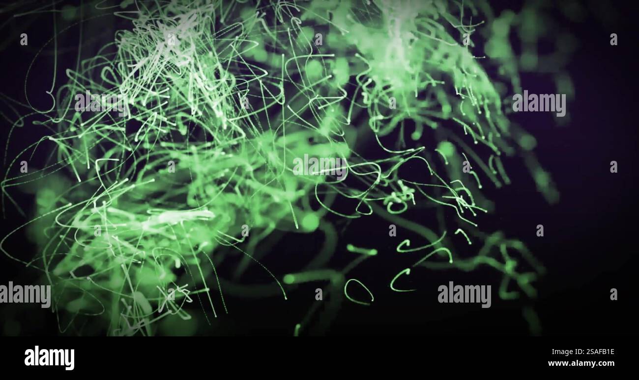 Image of green glowing light trails moving over black background ...