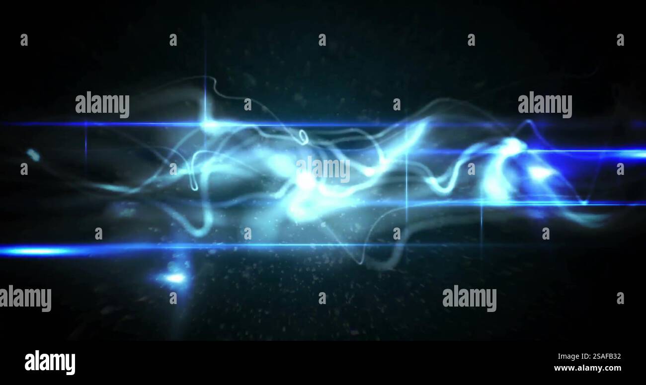 Abstract blue light waves and particles image over dark background ...