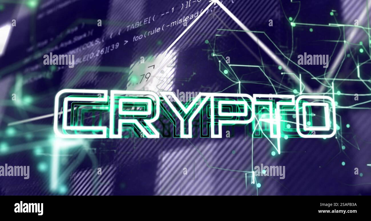 Image of crypto text and digital data processing over computer servers Stock Photo