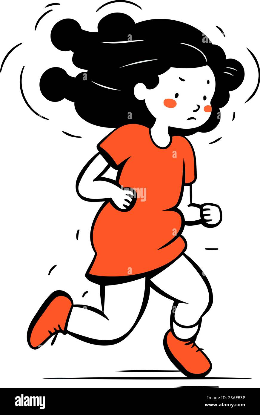 Running girl. Vector illustration of a cute little girl with long black ...
