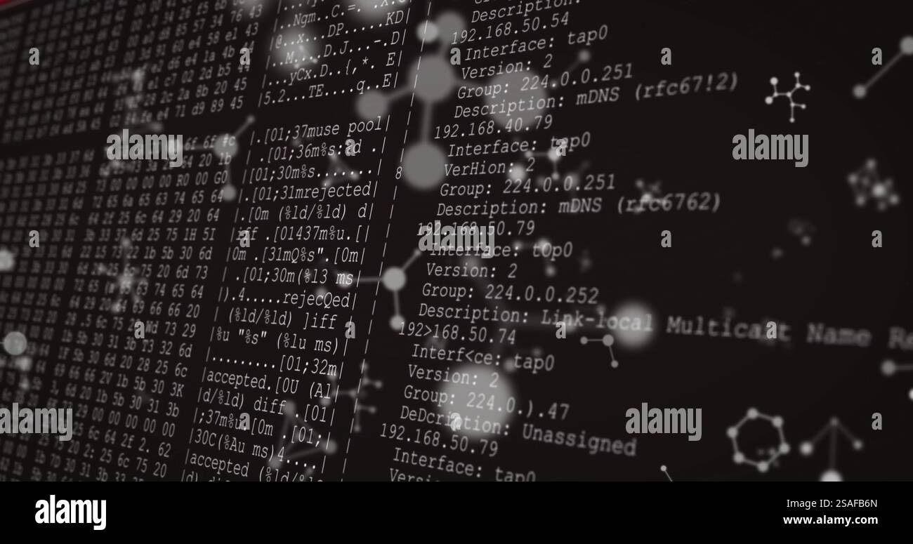 Image of molecules over data processing on black background Stock Photo