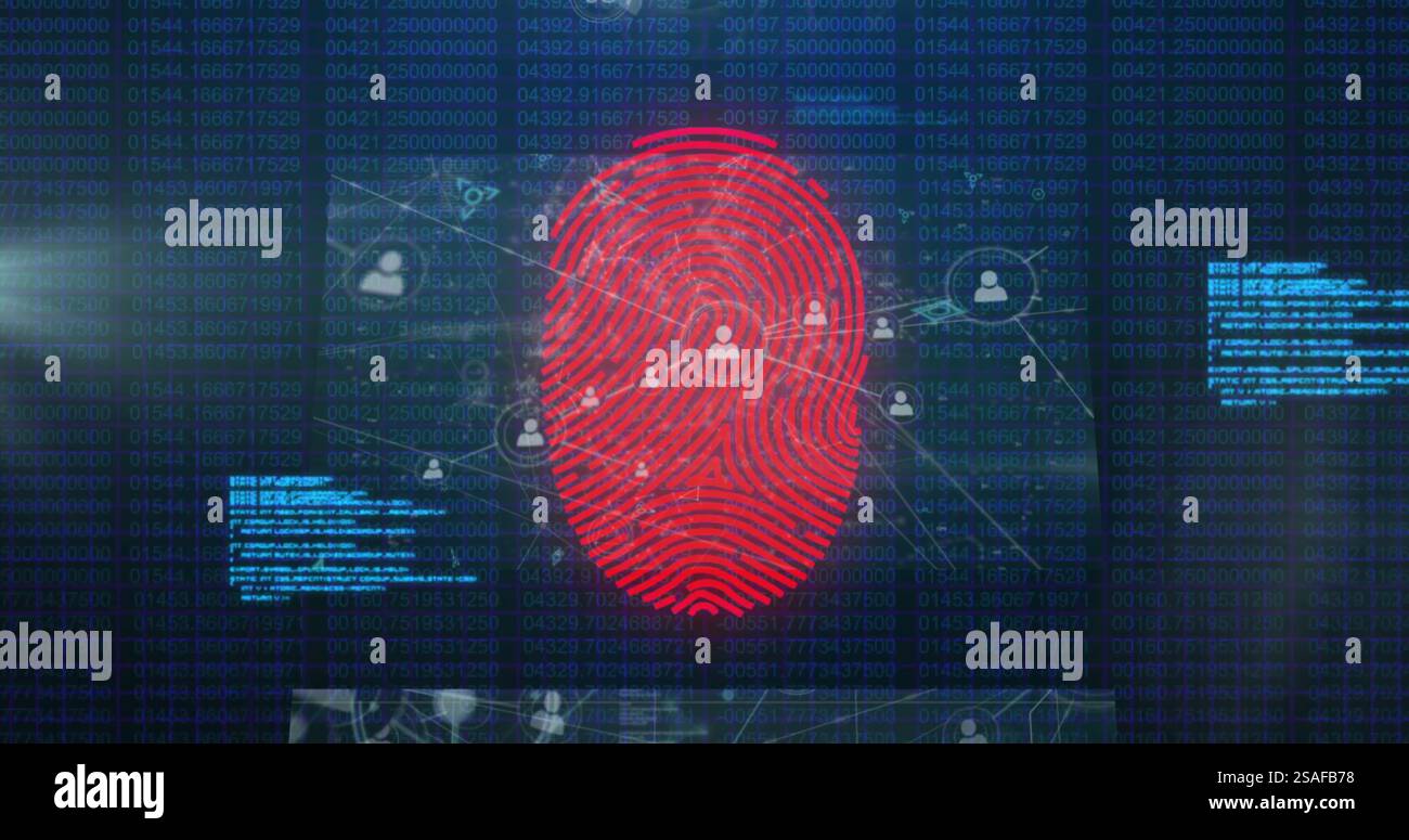 Image of fingerprint over data processing on black background Stock Photo