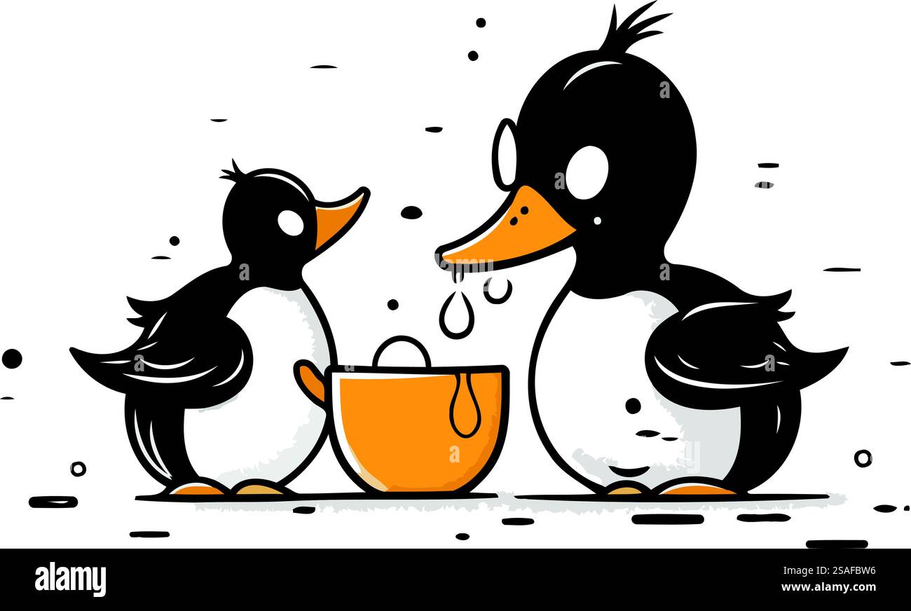 Duck and duckling with a cup of coffee. Vector illustration. Stock Vector