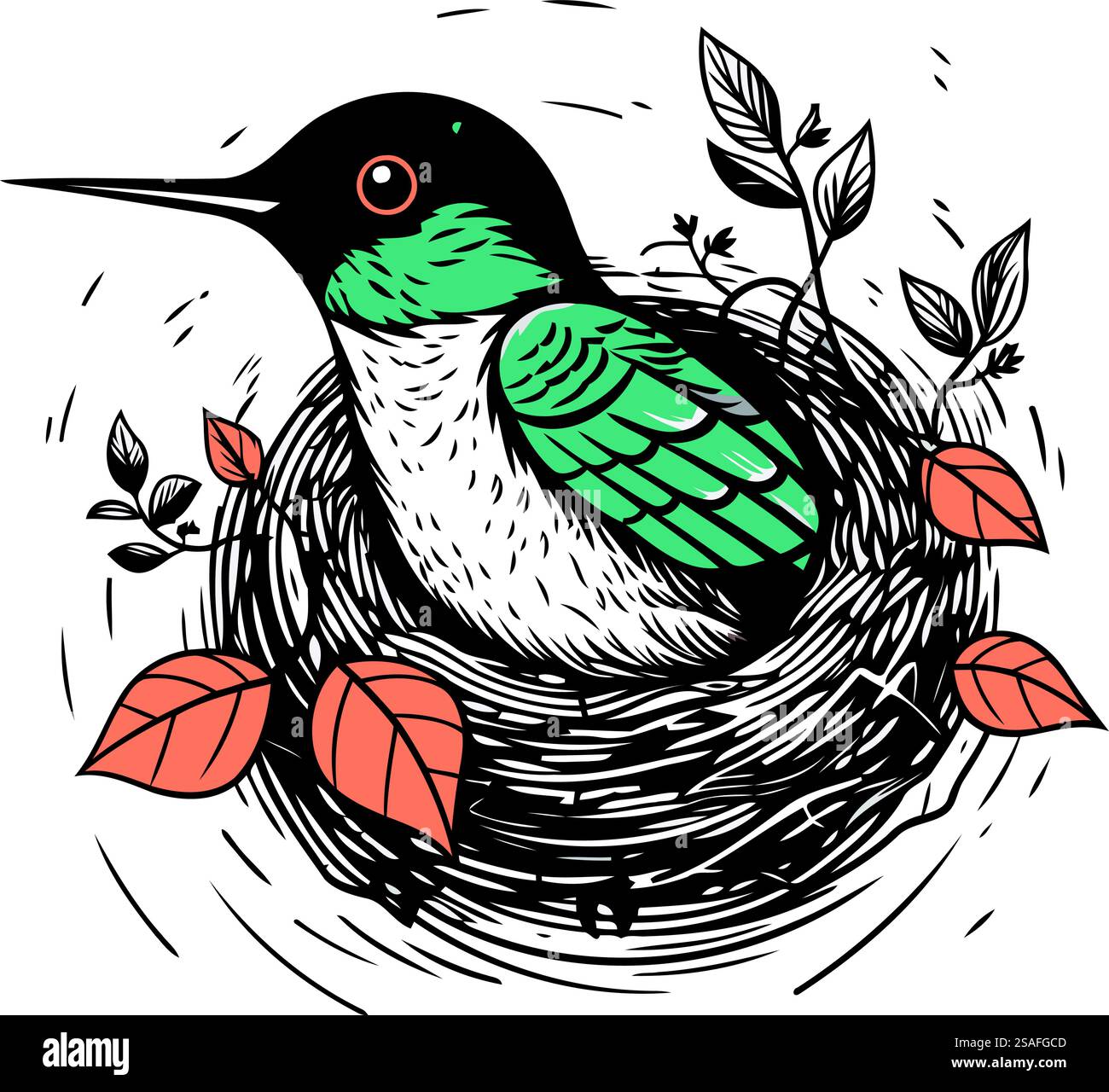 Hand drawn vector illustration of a little bird sitting in the nest ...
