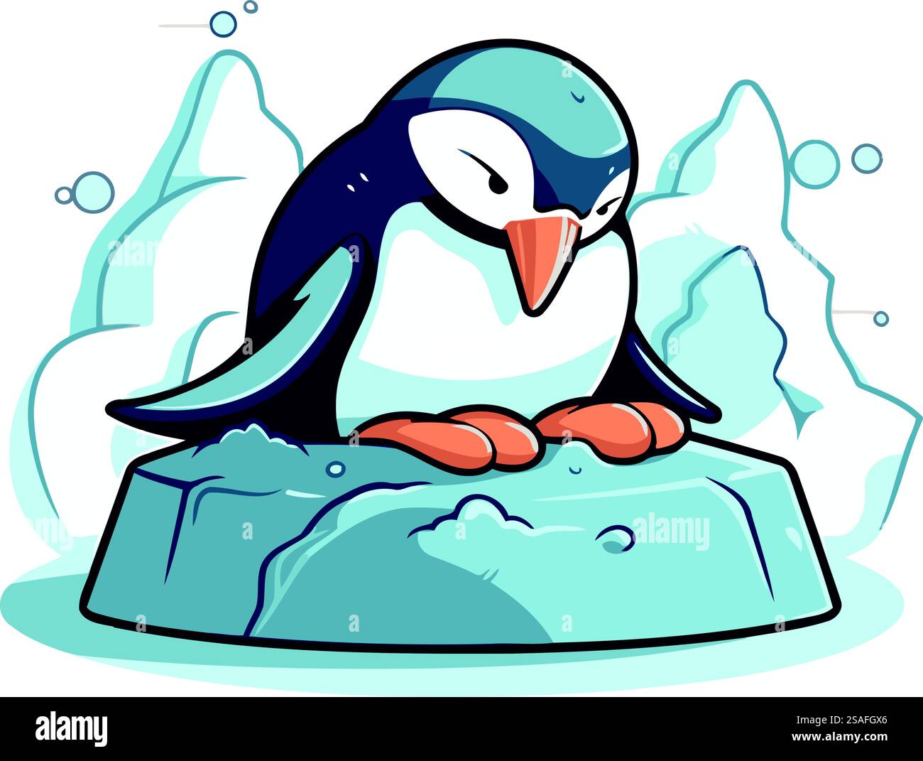 Penguin sitting on a rock. Vector illustration in cartoon style Stock ...