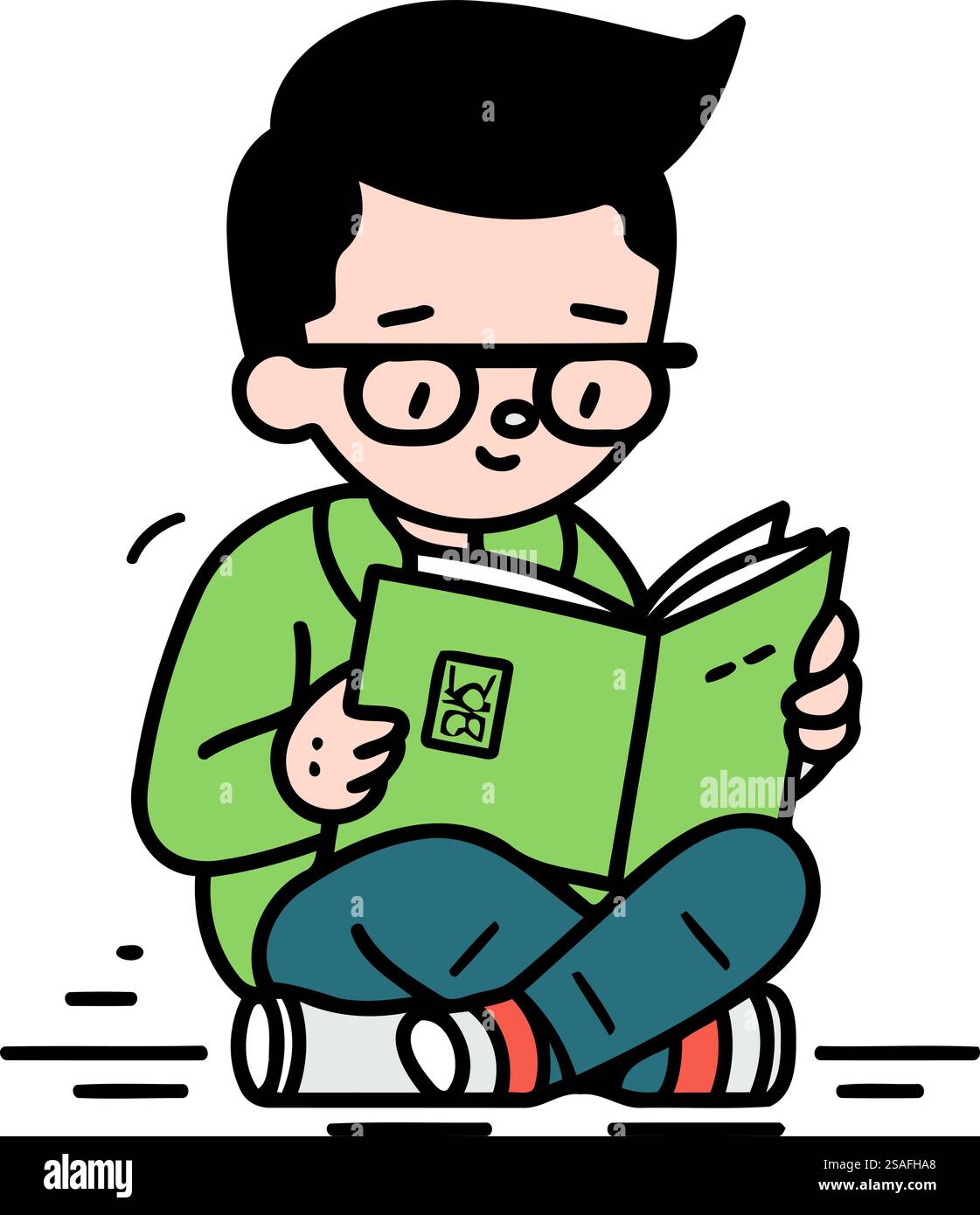 Boy reading a book and sitting on the floor. Vector illustration Stock ...