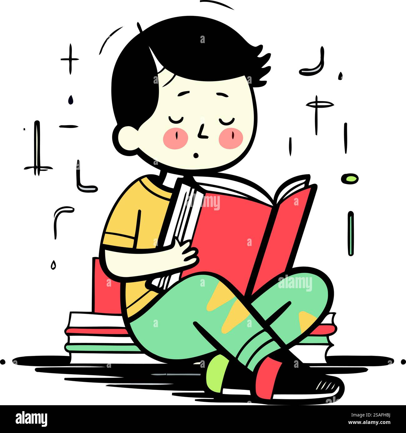 Illustration of a boy reading a book while sitting on the floor Stock ...