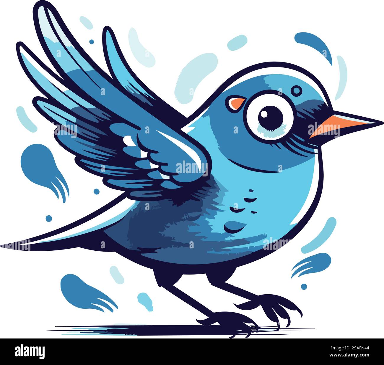 Vector illustration of a cute cartoon blue bird with expressive eyes on a white background. Stock Vector