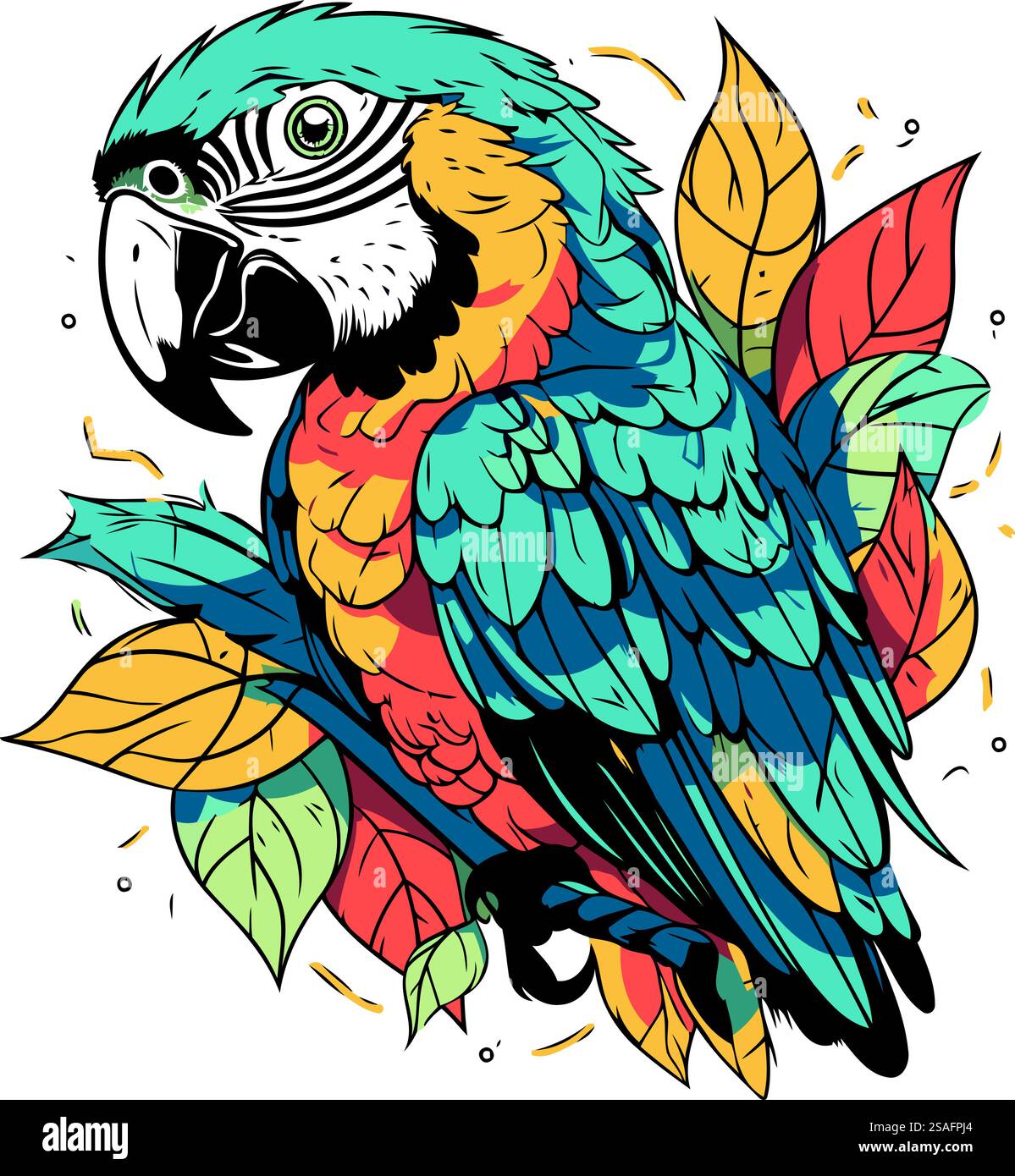Colorful macaw parrot on a branch with leaves. Vector illustration ...